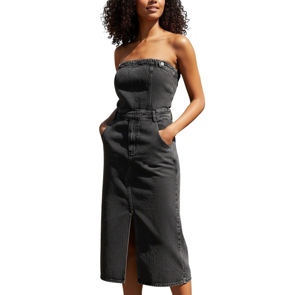 Blue Blush Denim Strapless Maxi Dress S Dark Wash Button Front Slit Y2K Boho